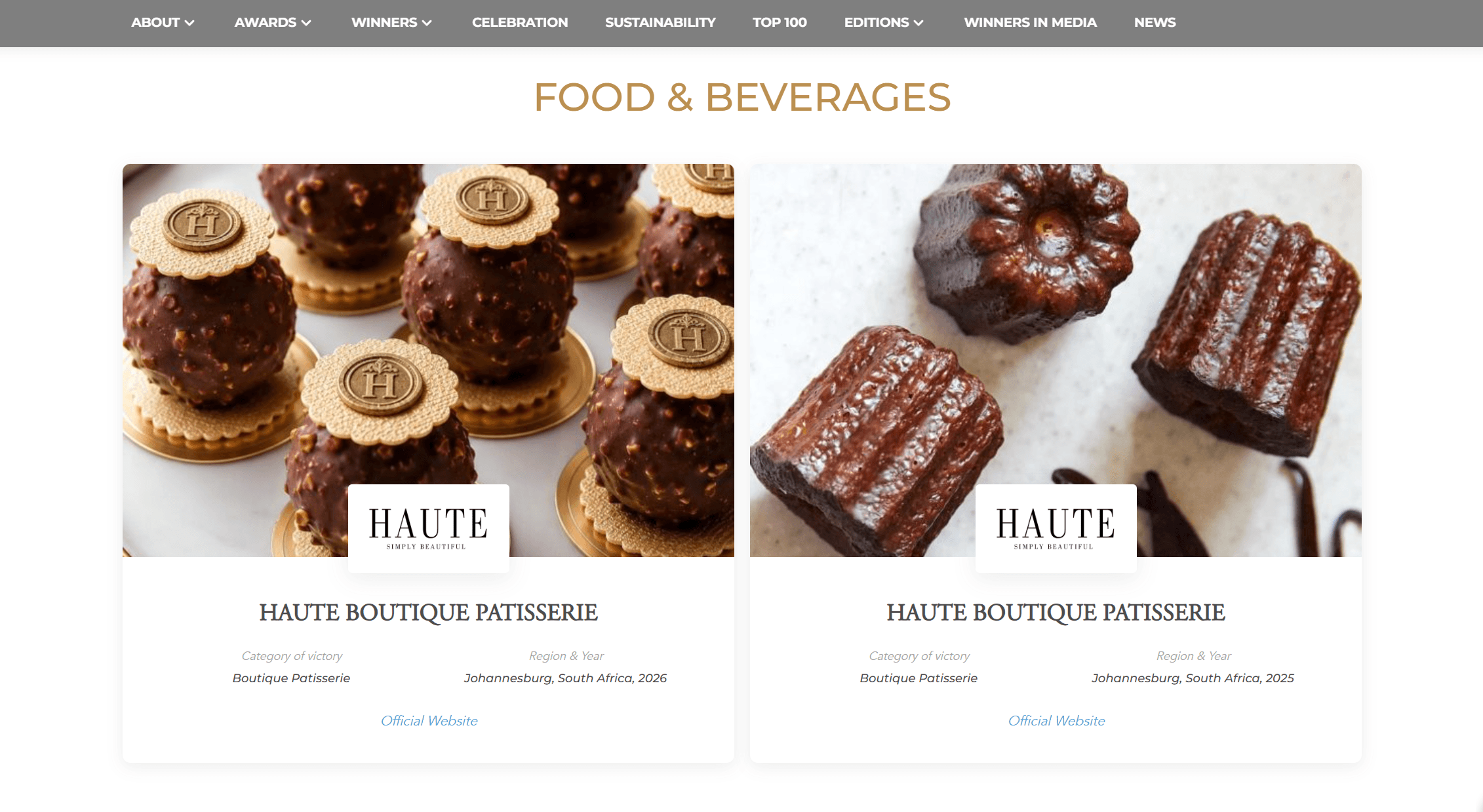 HAUTE Boutique Patisserie listed as a Boutique Patisserie category winner on the Luxury Lifestyle Awards website for both Johannesburg 2025 and Johannesburg 2026
